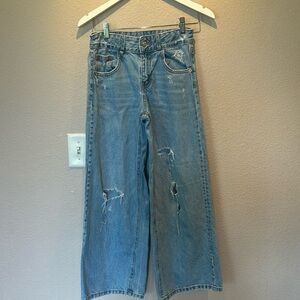 Zara girls high rise wide leg distressed medium denim jeans size 13-14